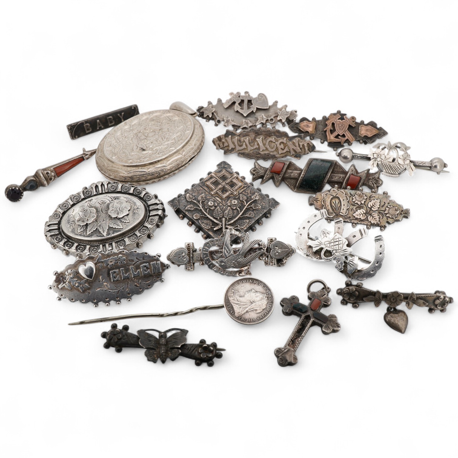Ten assorted late 19th/early 20th century silver brooches, including three with names, Baby, Millicent and Ellen, together with five other white metal brooches including Scottish hardstones, a coin set stick pin, hardsto